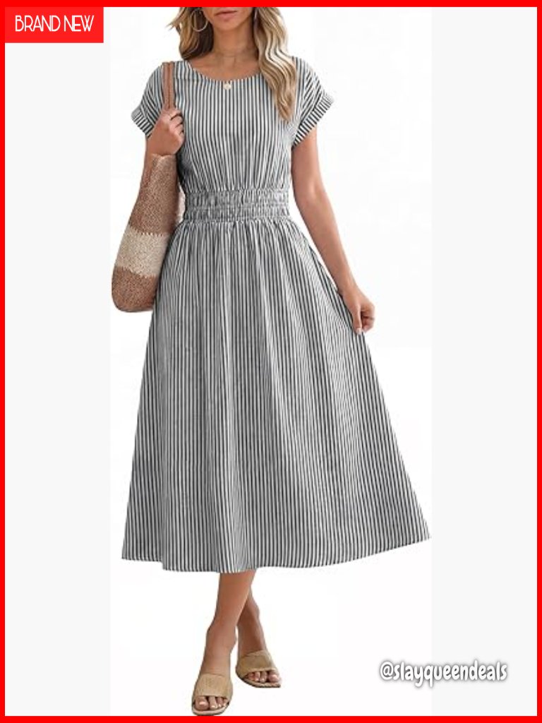 Striped Midi Dress With Pockets A-Line Empire Waist Short Sleeve Summer Beach
